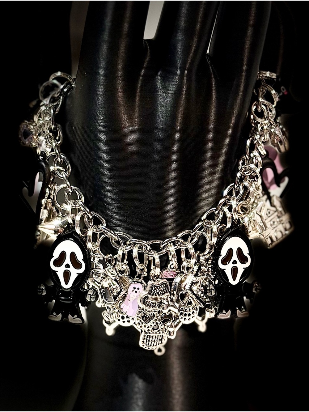 Halloween Charm Bracelet - Black & Silver Spooky Skull & Ghost Charms
